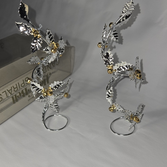 Candle Stick Holders Silver Leaves And Tiny Brass Jingle Bell Spirals NIB 6" - Picture 10 of 10